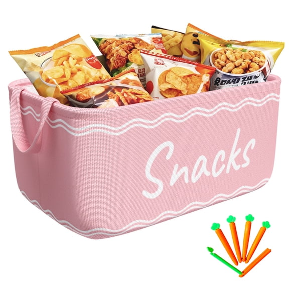 Large Snack Basket for Pantry & 5 Seal Clips - Snack Bin Organizer for Countertop - Imitation Linen Snack Storage Containers for Storing Chips, Pretzels, Cookies, Popcorn and more,Pink
