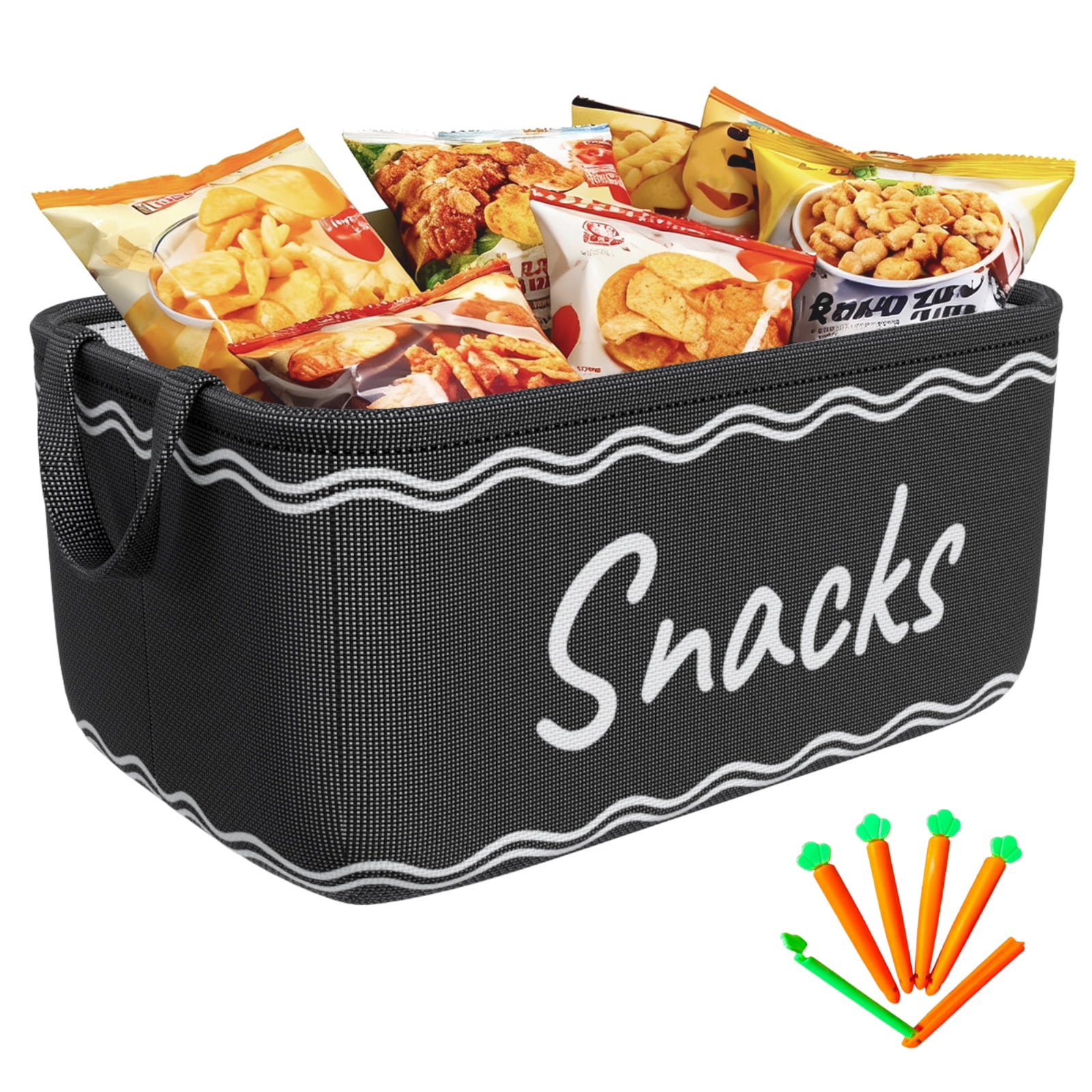 Large Snack Basket for Pantry & 5 Seal Clips - Snack Bin Organizer for ...