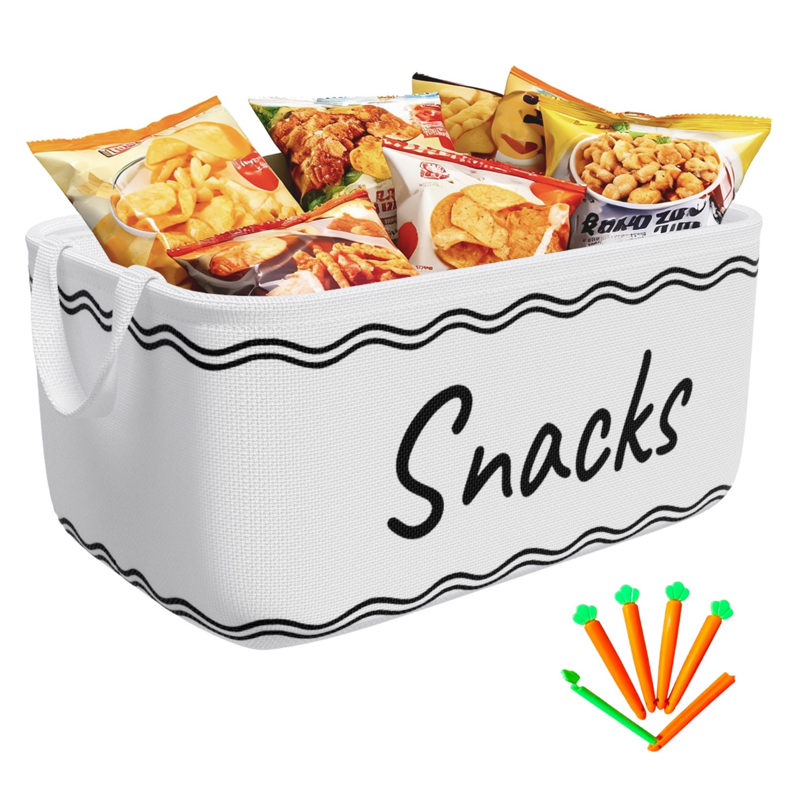 Large Snack Basket for Pantry & 5 Seal Clips - Snack Bin Organizer for ...