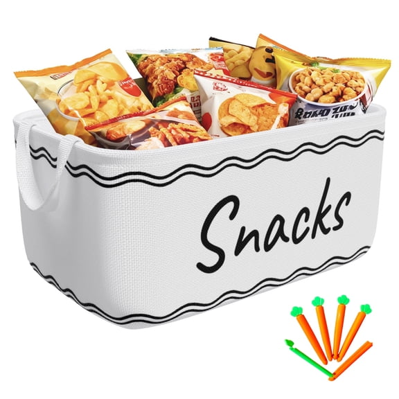 Large Snack Basket for Pantry & 5 Seal Clips - Snack Bin Organizer for Countertop - Imitation Linen Snack Storage Containers for Storing Chips, Pretzels, Cookies, Popcorn and more,White
