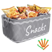 Large Snack Basket for Pantry & 5 Seal Clips - Snack Bin Organizer for Countertop - Imitation Linen Snack Storage Contai