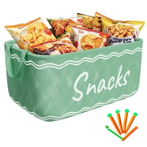 Wlnokfjo Snack Basket for Pantry & 5 Seal Clips - Snack Bin Organizer for Countertop - Imitation Linen Snack Storage Containers for Storing Chips, Pretzels, Cookies, Popcorn and more,Green