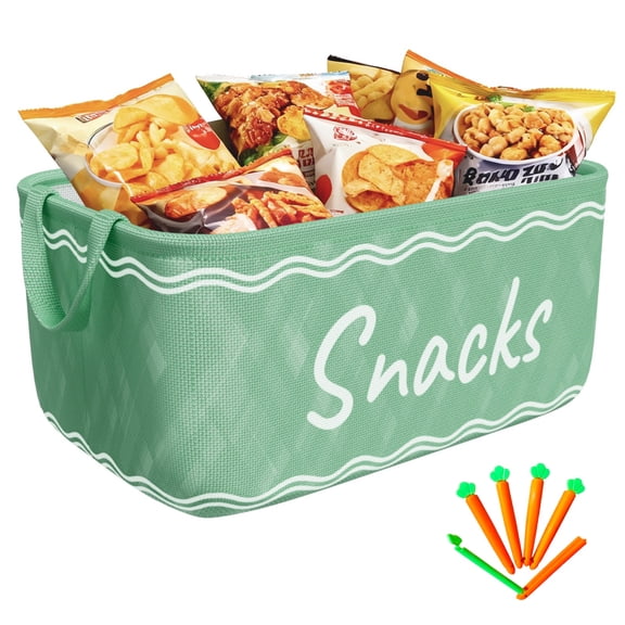 Wlnokfjo Snack Basket for Pantry & 5 Seal Clips - Snack Bin Organizer for Countertop - Imitation Linen Snack Storage Containers for Storing Chips, Pretzels, Cookies, Popcorn and more,Green