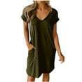 thumbnail image 1 of Wlylongift 2024 Summer New Women's Fashion Casual Large size Loose Short Sleeve V-Neck Solid Pocket Mini Dress Easter St.Parik's Day, 1 of 1