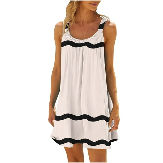 Wlylongift 2024 Summer New Womens Fashion Wavy Casual Printed Round-Neck Sleeveless Loose Knee-Length Slip Dress Easter(Black,Navy,Light Blue,Beige,Orange,Khaki,Army Green) St.Parik's Day
