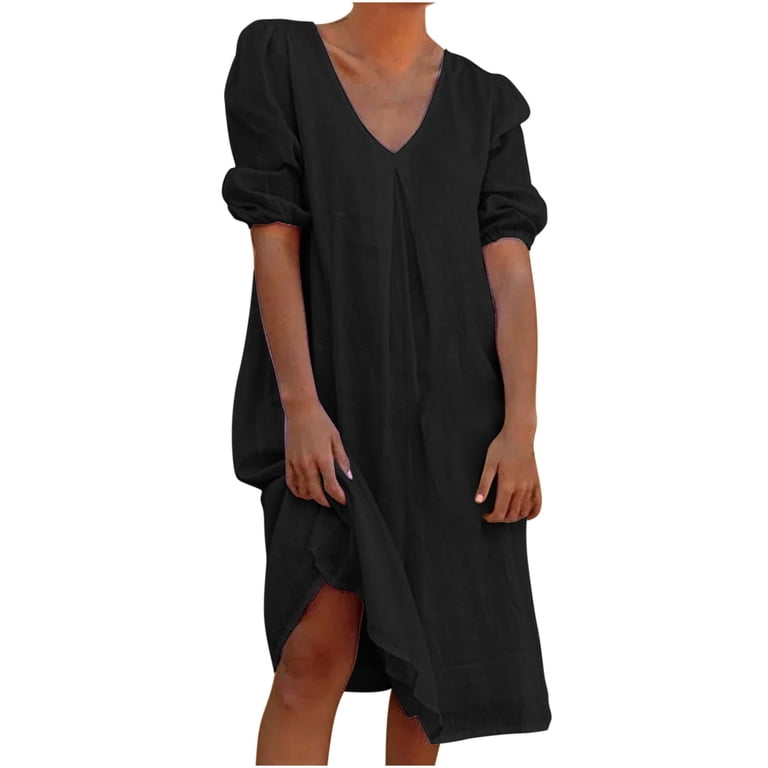 Wlylongift Cotton Linen Below the Knee Dress Fashion Women Summer V-neck  Doll Dress Solid Color Short Sleeved Black Dress - Walmart.com