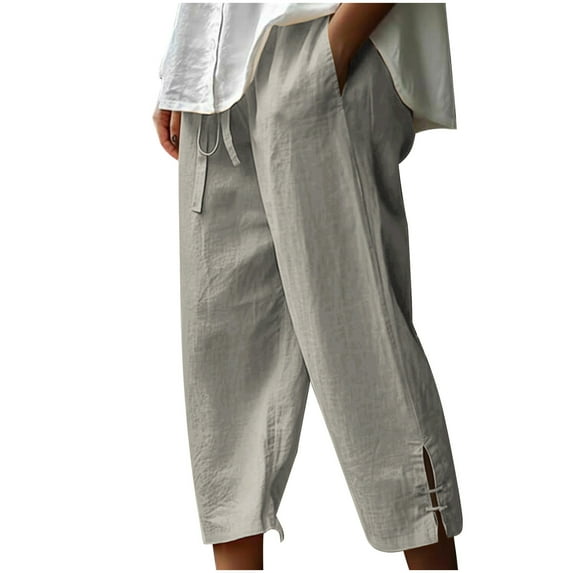 Wlylongift Cotton Linen Fashion Women Summer Joggers Pants Casual Loose Pockest Elastic Waist Trousers Capris Pants