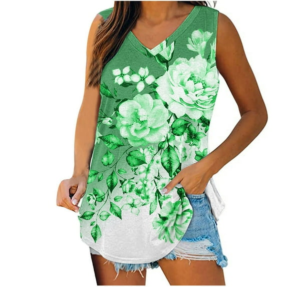 Wlylongift Summer Tank Tops for Women Loose Fit Stripe Print V Neck Sleeveless Tops Curved Hem Flowy