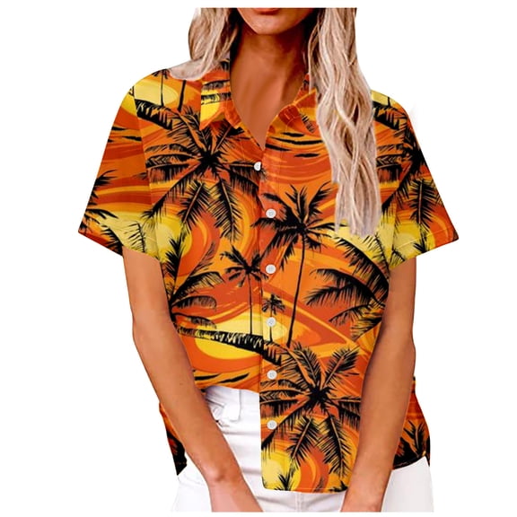 Wlylongift Wlylongift Rave Reviews Women's Turndown Collar Neck Aldult Blouse Top Loose Plant Printing Casual Loose Hawaii shirt for summer