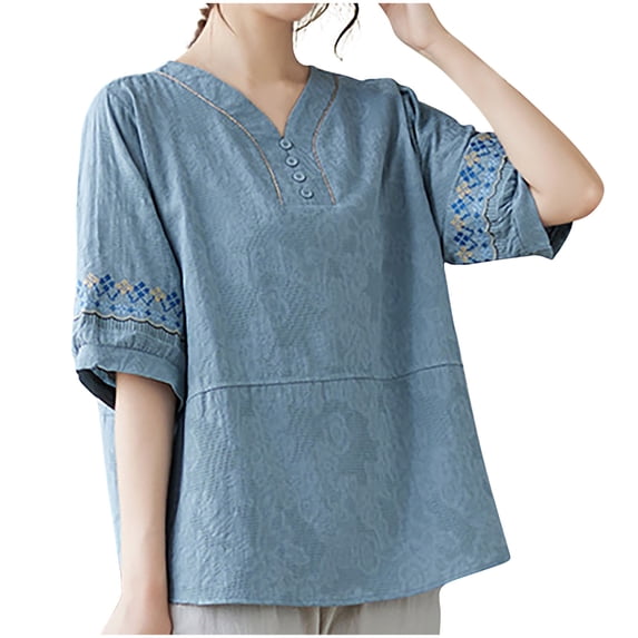 Wlylongift Women's 2024 Summer TopsStand collar Neck Short Sleeve Jacquard Print Loose Babydoll T Shirts Tunic Blouses