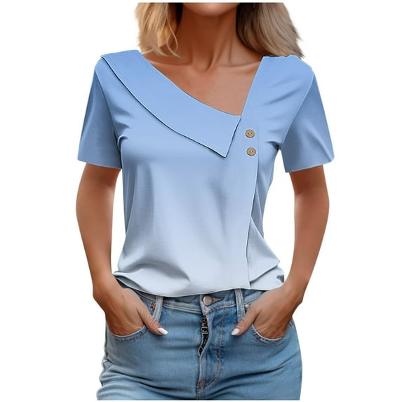 Wlylongift Women's Commuting Retro Geometry/Soild Color/Printed V-Neck With Bontton Fashion Casual Short-Sleeve Loose Fit Tunic Tops S-XXXL Easter