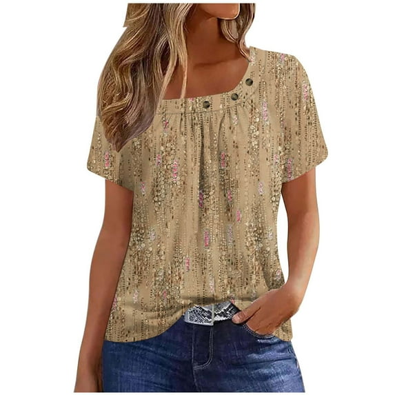 Wlylongift Women's Pullover Short Sleeved Pleated Flower T-shirt S-XXL Blouse Top for summer