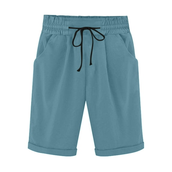 Wlylongift Women's Summer Elastic Waist Drawstring Side Pocket Solid Color Short commuter Pants