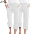 thumbnail image 1 of Wlynlyn 2 Pack Capri Pants for Women Cotton Linen Casual Summer Straight Wide Leg Loose Drawstring Elastic Waist Cropped Trouser, 1 of 6