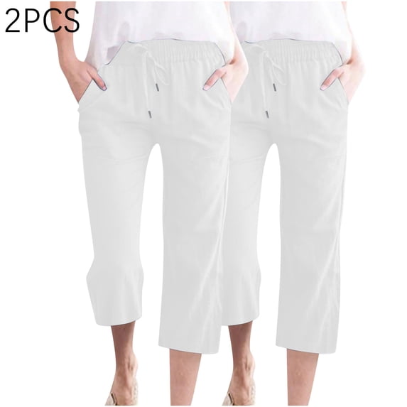 Wlynlyn 2 Pack Capri Pants for Women Cotton Linen Casual Summer Straight Wide Leg Loose Drawstring Elastic Waist Cropped Trouser