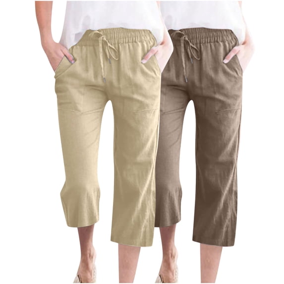Wlynlyn 2 Pack Capri Pants for Women Cotton Linen Casual Summer Straight Wide Leg Loose Drawstring Elastic Waist Cropped Trouser