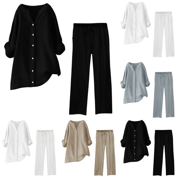 Wlynlyn 2 Piece Outfits for Women Cotton Linen Button down Long Sleeve Shirts Wide Leg Pants Solid Color Lounge Sets