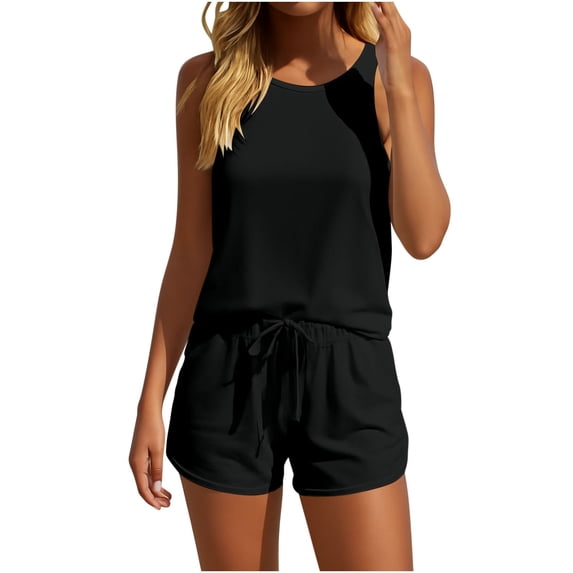 Wlynlyn 2 Piece Sets for Women Casual Summer Sleeveless Round Neck Tank Tops Drawstring Shorts Solid Color Clothes