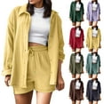 thumbnail image 1 of Wlynlyn 2 Piece Sets for Women Long Sleeve Button down Shirt Drawstring Shorts Summer Beach Vacation Outfits Lounge Set, 1 of 5