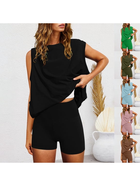 2 Piece Workout Sets for Women Sleeveless Oversized Tank Top Biker Shorts Matching Lounge Sets Tracksuit