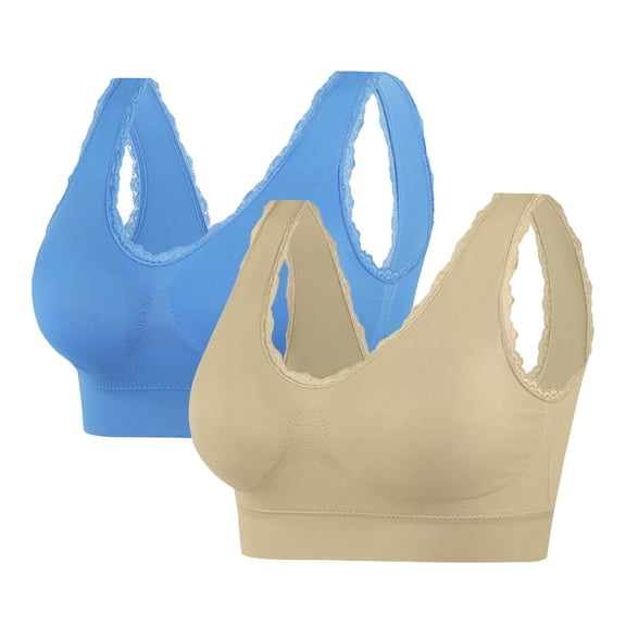 Wlynlyn 2PC Sleep Bras for Women Comfortable Seamless Wireless Stretchy Sports Bra Padded Full Coverage Yoga Bra(Beige,Large)