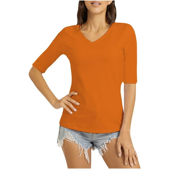 Wlynlyn 3/4 Sleeve Tops for Women Casual V Neck Plain T Shirts Solid Color Slim Fitted Basic Tees Tops