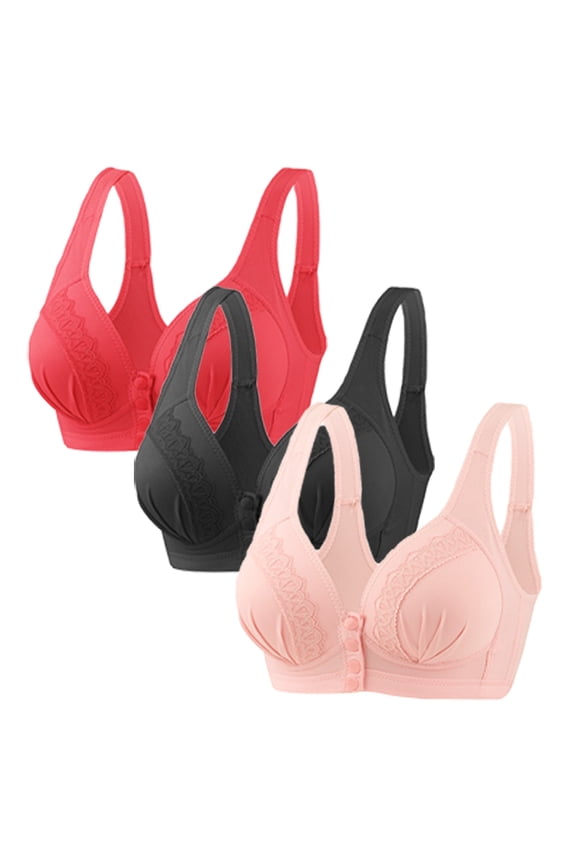 3 PC Bras for Seniors Front Closure Bras Push up Bra No Underwire Floral Lace Everyday Bras Plus Size Front Button Bras Large