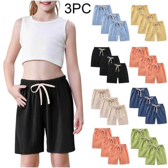 Wlynlyn 3 Pack Girls Boys Athletic Shorts Kids Teens Drawstring Cotton Linen Elastic Waist Sports Shorts with Pockets 9-10 Years