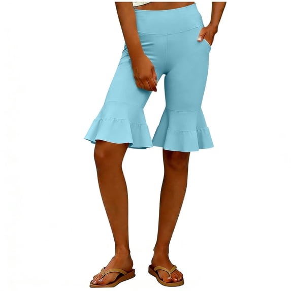 Wlynlyn Bermuda Shorts for Women Belly Control High Waisted Capri Pants with Pockets Ruffle Flare Cropped Leggings Beach Vacation