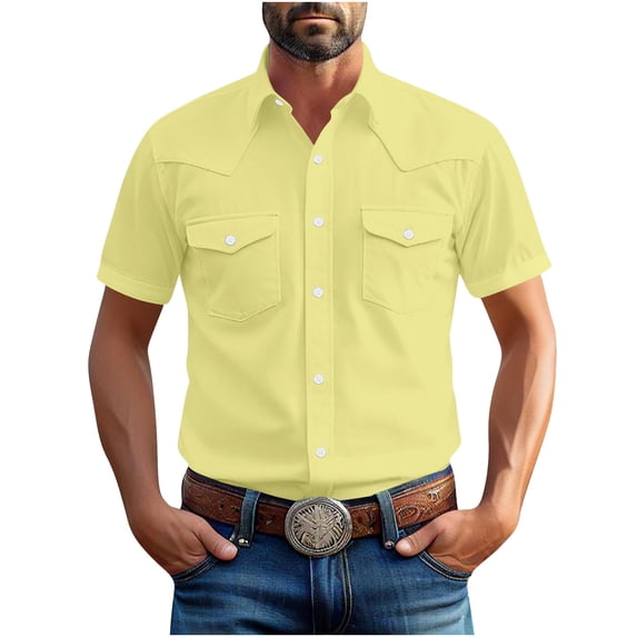 Wlynlyn Blouses for Men Casual Short Sleeve Button down Shirts Summer Vintage Solid Color Cowboy Classic Work Shirts with Pockets