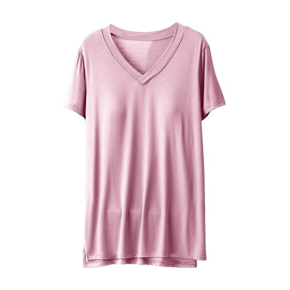Wlynlyn Built-In Bra T-Shirt for Women Short Sleeve Blouses V-Neck Padded Soft Pajama Tops Casual Workout Shirts