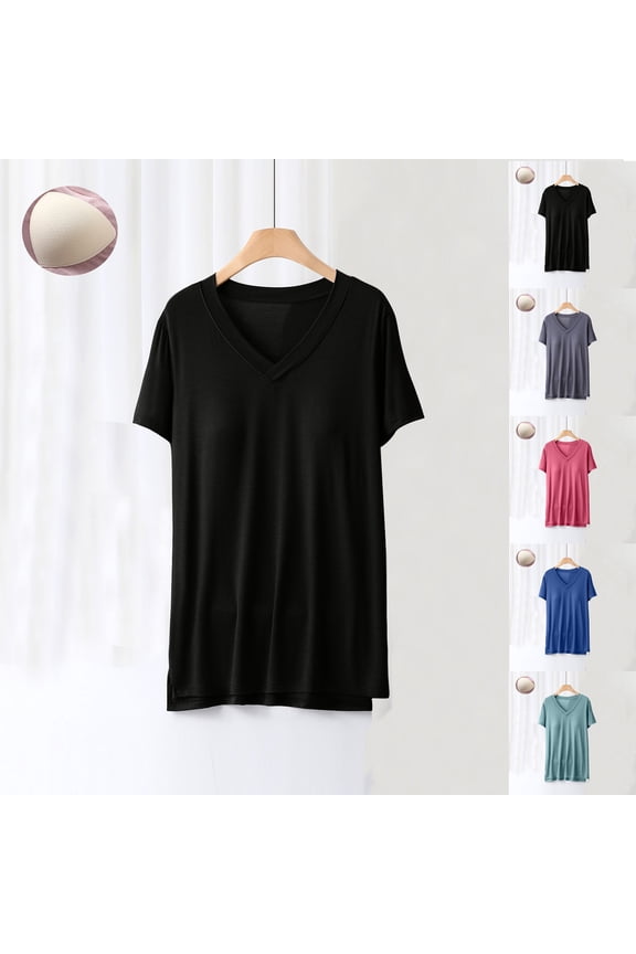 Built-In Bra T-Shirt for Women Short Sleeve Blouses V-Neck Padded Soft Pajama Tops Casual Workout Shirts