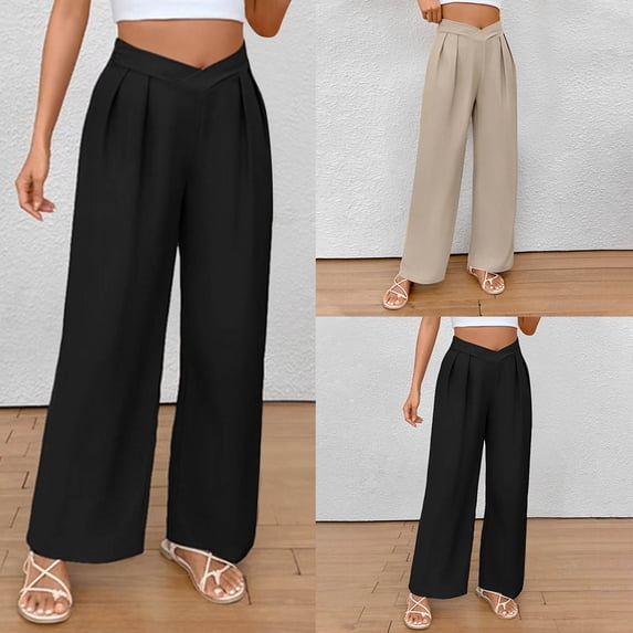 Wlynlyn Business Casual Pants for Women Dressy Low Waisted Dress Pants Straight Wide Leg Pleated Office Trousers