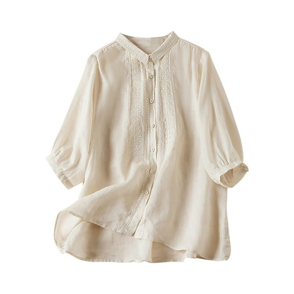 Wlynlyn Button down Shirts for Women 3/4 Length Sleeve Tops Embroidery Retro Blouses Collared Casaual Top Shirt