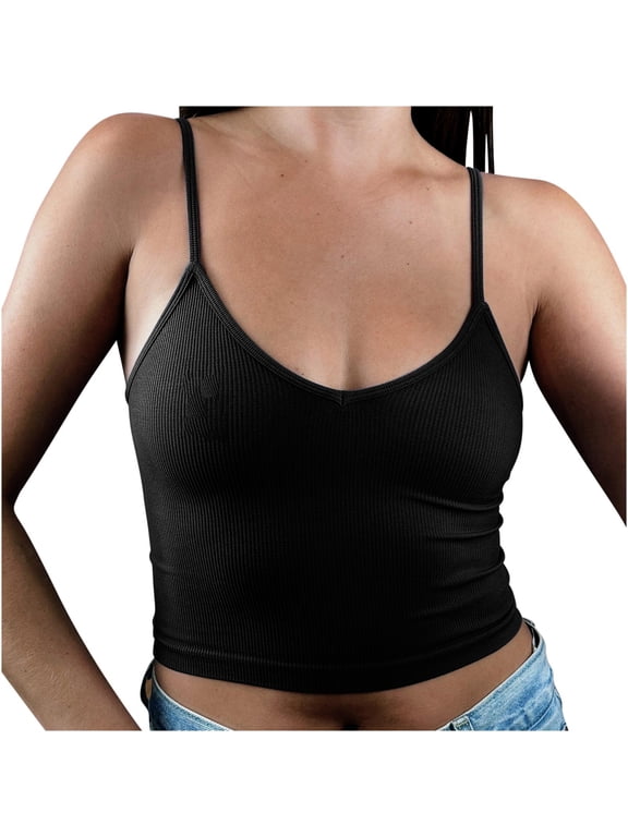 Camisole Tops for Women Spaghetti Straps Ribbed Knit Tank Top Casual Slim Fitted Crop Going out Top(Black,X-Large)