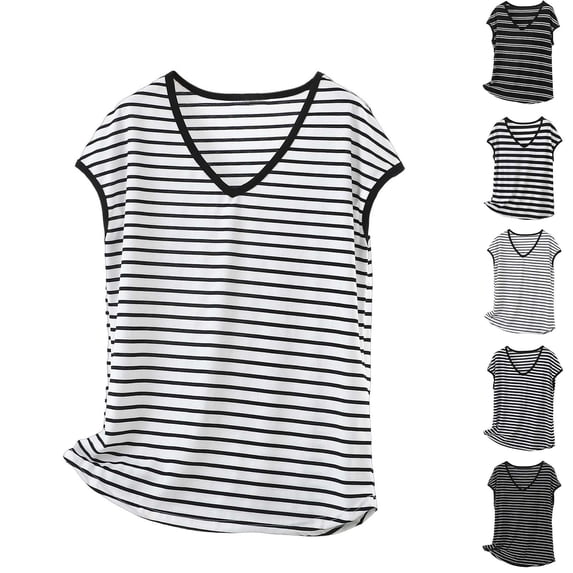 Wlynlyn Cap Sleeve Top Women Striped V Neck T Shirts Summer Spring Loose Fitted Beach Vacation Fashion Blouse