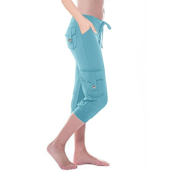Wlynlyn Cargo Capri Pants for Women Drawstring Low Waisted Capris Soft Comfy Yoga Cropped Pants Plus Size Leggings