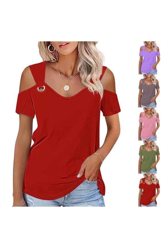 Clod Sholuder Tops for Women Summer Short Sleeve T Shirts Loose Going out Blouses Ladies Tunic Tops