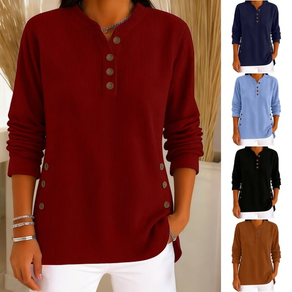 Wlynlyn Corduroy Long Sleeve Shirts for Women Quarter Button V-Neck Solid Color Loose Comfy Casual Tops