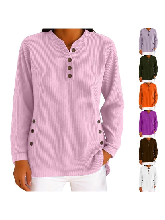 Corduroy Long Sleeve Shirts for Women Quarter Button V-Neck Solid Color Loose Comfy Casual Tops