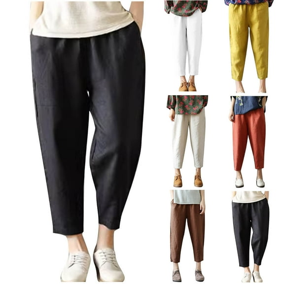 Wlynlyn Cotton Linen Capris for Women Plus Size Elastic Waisted Capris Casual Summer Cropped Pants with Pockets