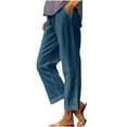 thumbnail image 1 of Wlynlyn Cotton Linen Pants Women Summer Elastic Waist Capris Straight Leg Cropped Pants Casual Beach Trousers with Pockets(Small,Navy), 1 of 7