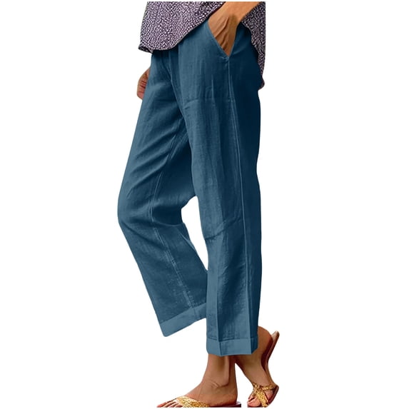 Wlynlyn Cotton Linen Pants Women Summer Elastic Waist Capris Straight Leg Cropped Pants Casual Beach Trousers with Pockets(Small,Navy)