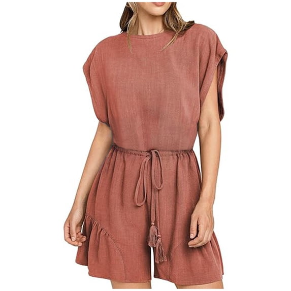 Wlynlyn Cotton Linen Rompers for Women Summer Cap Sleeve Drawstring Jumpsuits Crewneck Casual Outfits