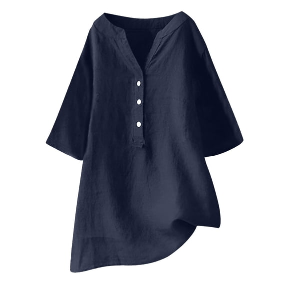 Wlynlyn Cotton Linen Shirts for Women 2024 Buttons V Neck 3/4 Sleeve Tops Trendy Dressy Blouses Casual Loose Comfy Tunic Tops