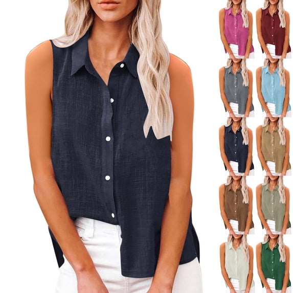 Wlynlyn Cotton Linen Shirts for Women Casual Button down Sleeveless Tops Casual Summer Loose Fitted Collared Beach Tshirts