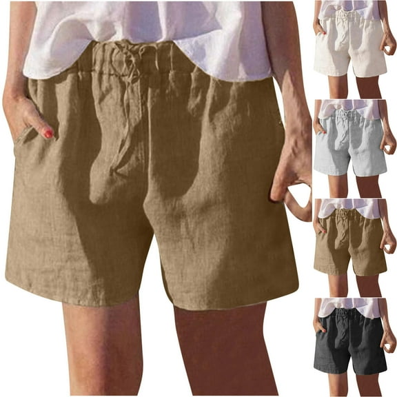 Wlynlyn Cotton Linen Shorts for Women Summer Casual Comfy Shorts Plus Size Drawstring Elastic Waist Lightweight Shorts