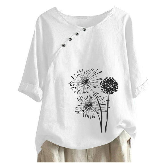 Wlynlyn Cotton Linen Summer Tops for Women 3/4 Length Sleeve Shirts Crewneck Casual Loose Blouses Graphic Print Top