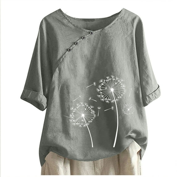 Wlynlyn Cotton Linen Summer Tops for Women 3/4 Length Sleeve Shirts Crewneck Casual Loose Blouses Graphic Print Top