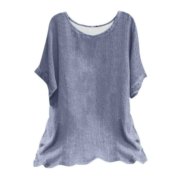 Wlynlyn Cotton Linen Tops for Women Plus Size Short Sleeve Shirts Round Neck T Shirts Casual Loose Fitted Blouses